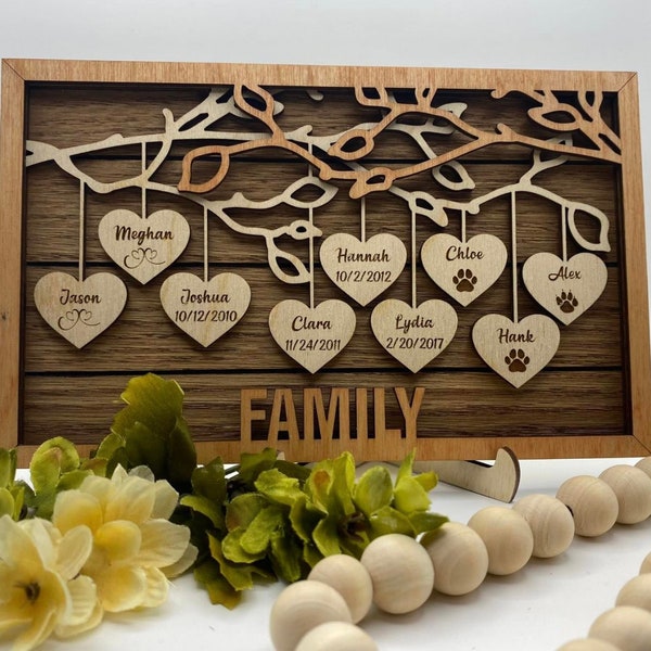 Family Tree Sign with Hanging Hearts | Gift for Mom | Personalized Family Tree | Grandmother’s Day Gift | Mother’s Day