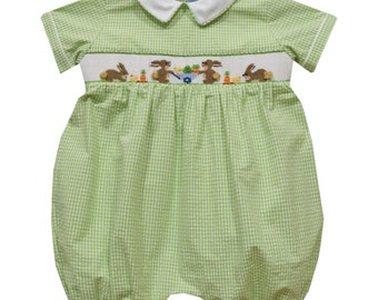 Easter Bunnies Smocked Lime Green Boys Bubble