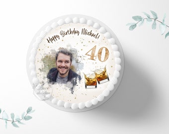 Cake topper round birthday 20 cm round personalized | cake decoration | sugar decoration | cake decoration | cake topper | fondant | champagne | flowers | whiskey | picture
