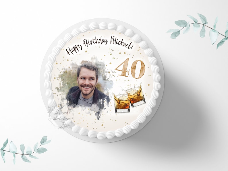 Cake topper round birthday 20 cm round personalized cake decoration sugar decoration cake decoration cake topper fondant champagne flowers whiskey picture image 1