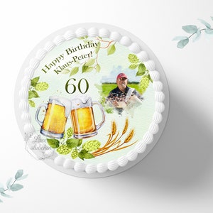 Cake topper round birthday 20 cm round personalized | cake decoration | decor | cake decoration | men's gift | fondant | beer | hops | birthday party | 60th