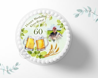 Cake topper round birthday 20 cm round personalized | cake decoration | decor | cake decoration | men's gift | fondant | beer | hops | birthday party | 60th