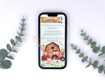Digitale Einladungskarte Kindergeburtstag personalisiert download Farm Bauernhof Tiere Trecker e-Card Versenden per Whatsapp, selbstdruck