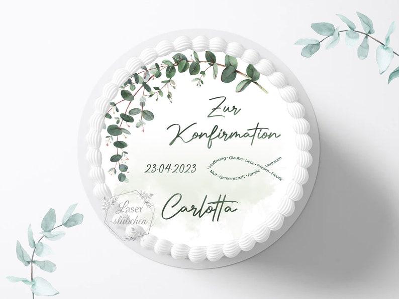 Tortenaufleger Konfirmation Fisch 20cm rund personalisiertTortendekoZuckerdekoKuchenauflegerFondantZuckerbildKommunionTischdekoKreuz Bild 1