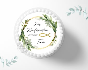 Cake topper confirmation Ichty 20 cm round personalized | cake decoration | sugar decoration | cake topper | fondant | sugar image | communion | table decoration | cross