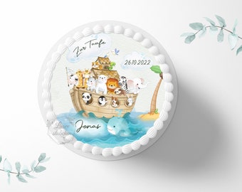 Cake topper baptême Arche de Noé 20 cm rond personnalisé|décoration de gâteau|décoration en sucre|décoration de gâteau|fondant|image en sucre|baptême bébé|fête de baptême|animaux|coloré