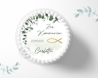 Communion cake topper Ichty 20 cm round personalized | cake decoration | sugar decoration | cake topper | fondant | sugar picture | confirmation | table decoration | cross