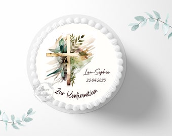 Tortenaufleger Konfirmation Kreuz 20cm rund personalisiert|Tortendeko|Zuckerdeko|Kuchenaufleger|Fondant|Zuckerbild|Kommunion|Tischdeko