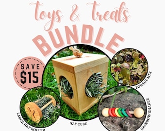May include: A bundle of pet toys and treats for small animals. The bundle includes a wooden hay cube, a large hay roller, a rainbow shaker toy, and a bag of forage mix. The text "SAVE $15" is visible in the image.