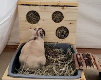 Mangeoire à foin pour lapins avec bac à litière, bac à litière et station d'alimentation à foin, conçue pour les lapins et les cochons d'Inde, entraînement à la litière pour petits animaux