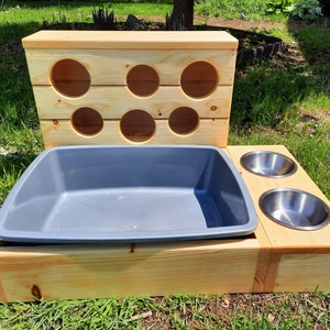 Rabbit Hay Feeder & Litter Pan Combo, Kiln-dried Pine Wood, Six Hole, Rabbit Litter Box, Bunny Hay Rack, Litter Training for Small Animals
