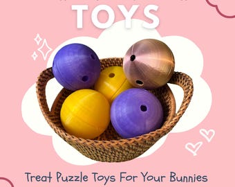 May include: A wicker basket filled with colorful treat puzzle toys for bunnies. The toys are made of plastic and have holes for treats. The basket is sitting on a pink background with the text "Interactive Enrichment TOYS" and "Treat Puzzle Toys For Your Bunnies" at the top and bottom of the image.