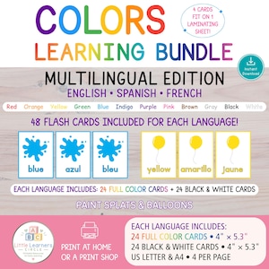 May include: A digital learning bundle titled COLORS LEARNING BUNDLE MULTILINGUAL EDITION ENGLISH SPANISH FRENCH. It features 48 flash cards per language, including paint splats and balloons. Each card measures 4 inches by 5.3 inches.