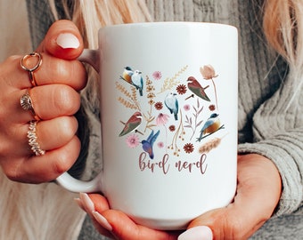Bird Nerd Cottagecore Mug, Bird Lover, Bird Watcher Gift, Nature Lover, Gift for Mom, Bird Lover Gift, Illustrated Birds, Pressed Flowers