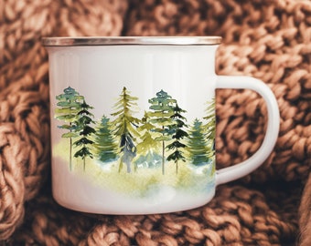 Nordic Forest Camping Mug, Enamel Tree Mug, Metal Coffee Cup, Forest Camping Rustic Mountain, Pine Tree Coffee Mug, Camping Cabin Gift