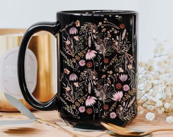 Boho Wildflowers Pressed Flowers Mug, Cottagecore Coffee Mug, Vintage Botanical Tea Cup, Pastel Floral Nature Mug, Flower Garden Lover Gift