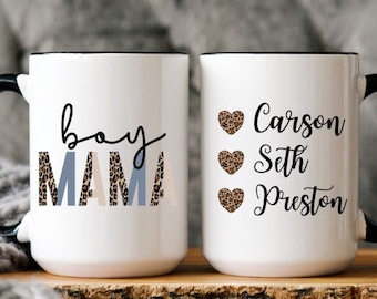 Boy Mama Mug, Mother's Day Gift, Mom Of Boys Leopard Personalized Kid's Name, Mother's Day Gift for Her Mother, Mom, Wife, Daughter From Son