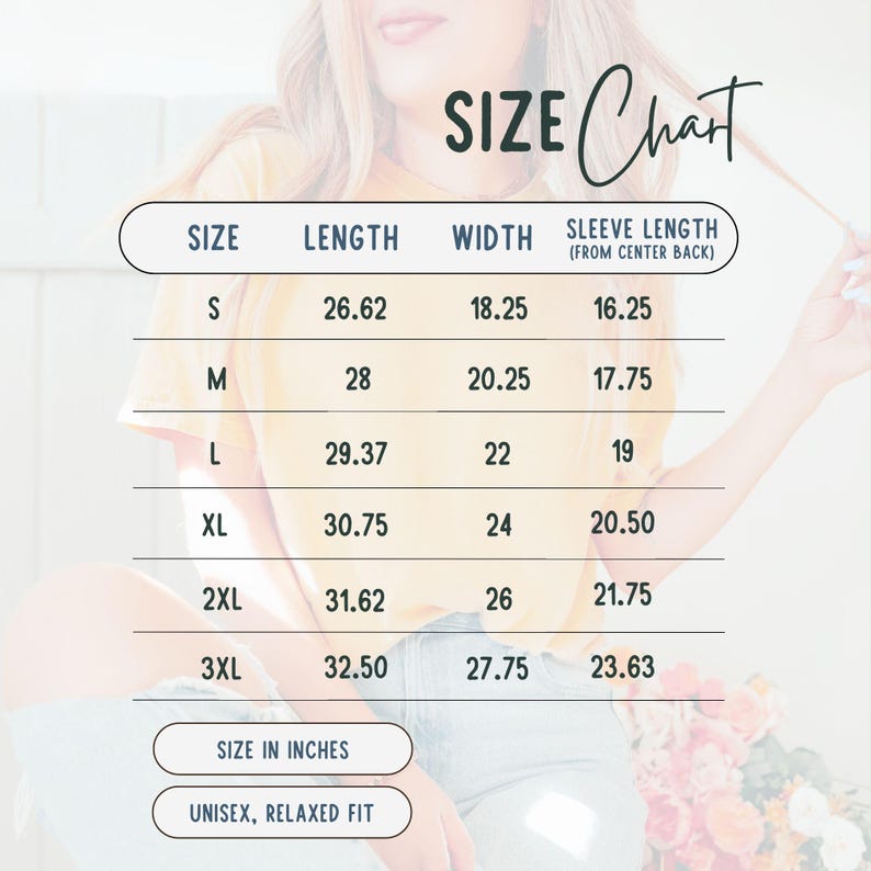 K&ouml;nnte beinhalten: Eine Gr&ouml;&szlig;entabelle f&uuml;r ein Unisex-Kleidungsst&uuml;ck mit entspannter Passform. Die Tabelle zeigt die Ma&szlig;e in Zoll f&uuml;r die Gr&ouml;&szlig;en S bis 3XL, einschlie&szlig;lich L&auml;nge, Breite und &Auml;rmell&auml;nge von der Mitte des R&uuml;ckens. Der Text "SIZE Chart" steht oben.