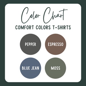 May include: Colour chart for t-shirts with four colour swatches: Pepper (dark grey), Espresso (brown), Blue Jean (blue), and Moss (green).