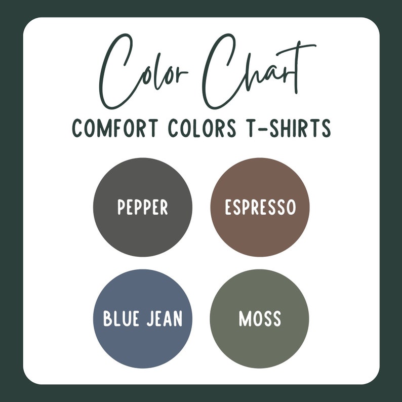May include: Colour chart for t-shirts with four colour swatches: Pepper (dark grey), Espresso (brown), Blue Jean (blue), and Moss (green).