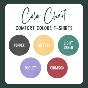K&ouml;nnte beinhalten: Farbkarte f&uuml;r T-Shirts mit folgenden Farben: Pfeffer, Butter, Hellgr&uuml;n, Violett und Scharlachrot.