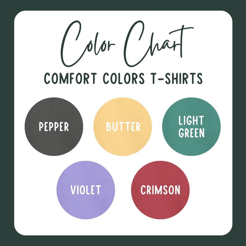 K&ouml;nnte beinhalten: Farbkarte f&uuml;r T-Shirts mit folgenden Farben: Pfeffer, Butter, Hellgr&uuml;n, Violett und Scharlachrot.
