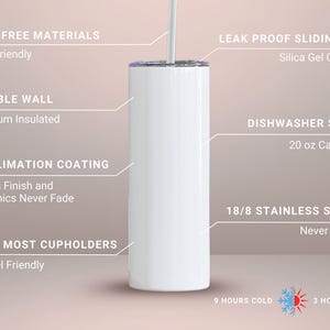 Puede incluir: Vaso aislado blanco con tapa deslizante a prueba de fugas. Incluye aislamiento al vac&iacute;o de doble pared, revestimiento de sublimaci&oacute;n y acero inoxidable 18/8. Apto para lavavajillas, capacidad de 591 ml y se adapta a la mayor&iacute;a de los portavasos.