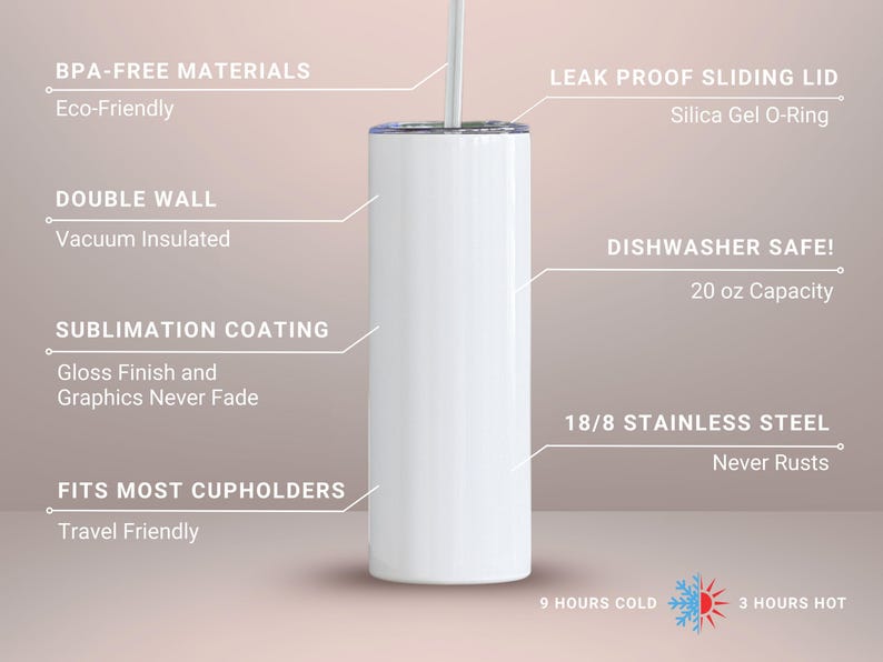Puede incluir: Vaso aislado blanco con tapa deslizante a prueba de fugas. Incluye aislamiento al vac&iacute;o de doble pared, revestimiento de sublimaci&oacute;n y acero inoxidable 18/8. Apto para lavavajillas, capacidad de 591 ml y se adapta a la mayor&iacute;a de los portavasos.