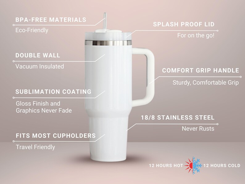 Puede incluir: Taza de viaje aislada blanca con asa, construcci&oacute;n de acero inoxidable y tapa a prueba de salpicaduras. Incluye aislamiento al vac&iacute;o de doble pared, revestimiento de sublimaci&oacute;n y un asa de agarre c&oacute;modo. Mantiene las bebidas calientes o fr&iacute;as durante 12 horas.