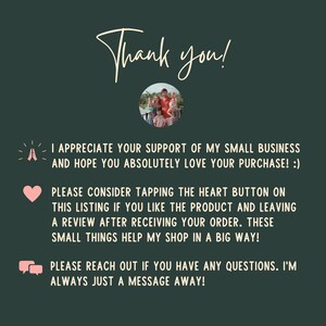 Puede incluir: Gr&aacute;fico verde oscuro con las palabras "Thank you!" en cursiva. La imagen incluye una foto familiar, un icono de coraz&oacute;n y texto que anima a los clientes a dejar rese&ntilde;as y contactar al vendedor.