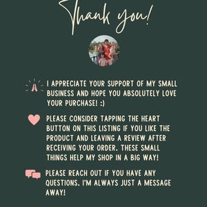 May include: Dark green card with the words "Thank you!" in a handwritten style. The card includes a family photo and text encouraging customers to support the small business and leave a review.