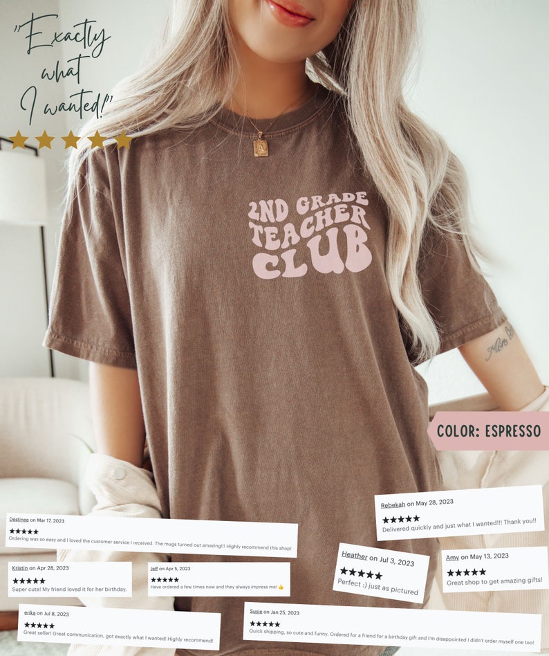 May include: Espresso-colored t-shirt with the text "2ND GRADE TEACHER CLUB" in a retro font. The shirt has a relaxed fit and is suitable for teachers. The image also includes customer reviews.