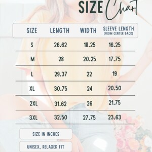 May include: A size chart for a unisex, relaxed-fit garment. The chart displays measurements in inches for sizes S through 3XL, including length, width, and sleeve length. The text "SIZE Chart" is written in a cursive font.