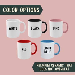 May include: Five ceramic mugs with different colored rims. The mugs are white with the following rim colors: white, black, pink, red, and light blue. The text on the mugs reads "WHITE", "BLACK", "PINK", "RED", and "LIGHT BLUE". The text "PREMIUM CERAMIC THAT DOES NOT OVERHEAT" is at the bottom of the image.
