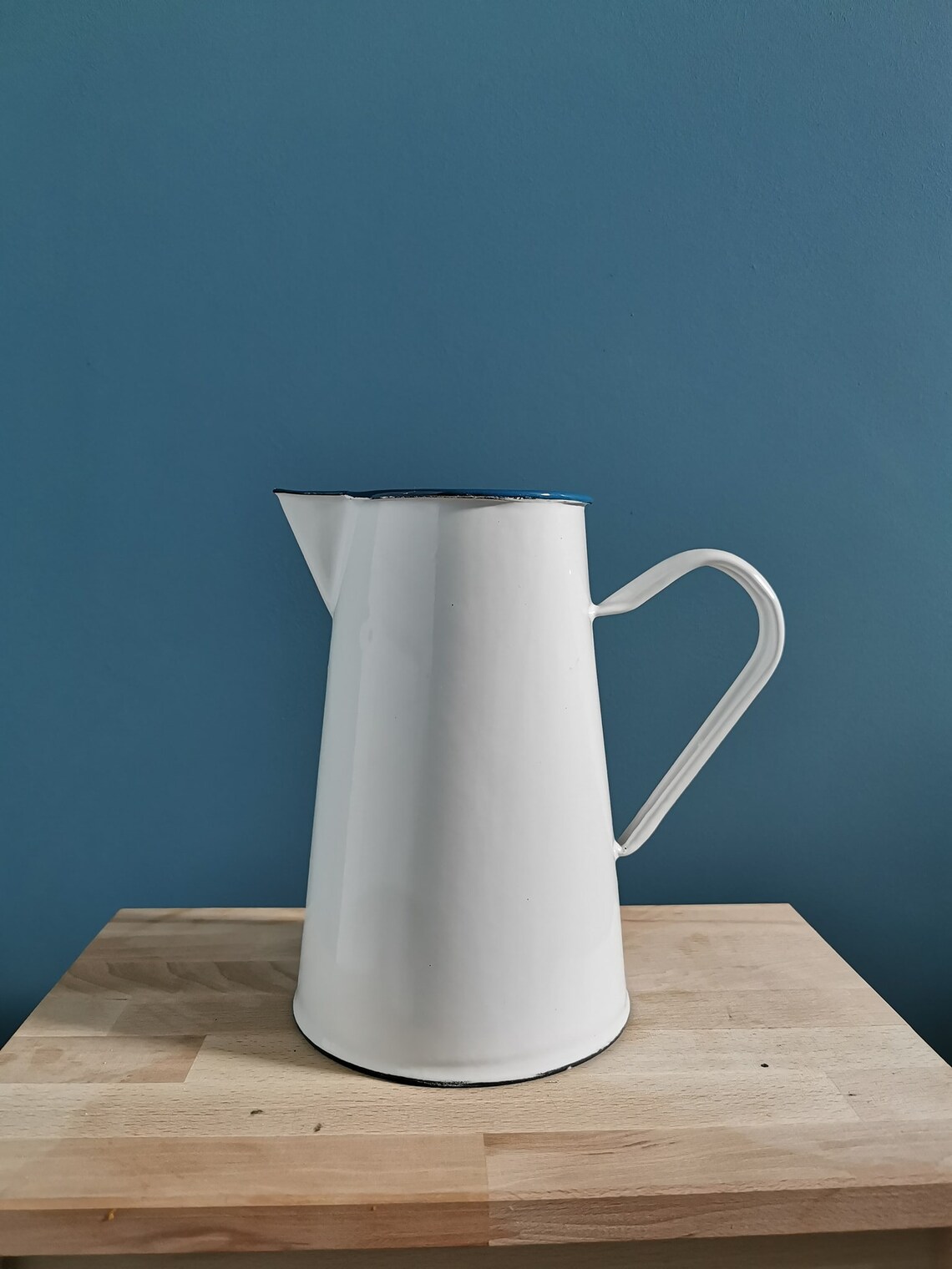 French Enamel White Pitcher With Blue Rim / Jug / Flower Vase /french Enamelware/enamelled Vase