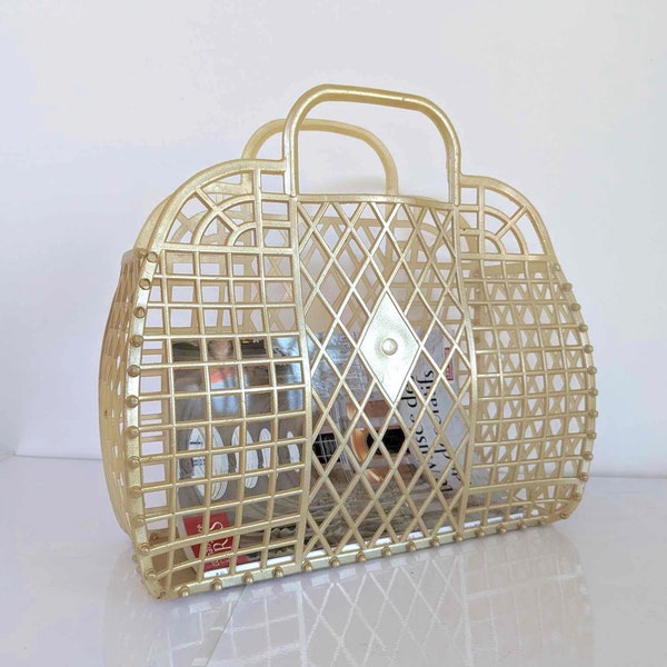 Vintage Plastic basket / Summer Beach Bag / Gold PVC Jelly Handbag  / Purse Retro Market Shopping Bag /  60s 70s Mid Century Modern