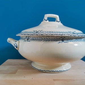 May include: A white ceramic soup tureen with a lid, featuring blue floral and leaf patterns. The tureen has two side handles and a handle on the lid. It is set on a pedestal base, perfect for serving soups and stews.