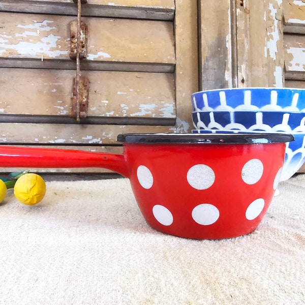 Enamel pot / red enamel pot / 13 cm diameter / kettle / kettle / jug / Polka dots enamelware / red polka dots pot / Blue kitchen