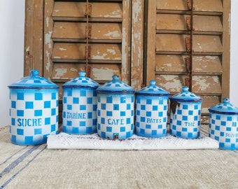Vintage French Enamel Canister Set of 6 – Lustucru Pattern – Antique Kitchen Storage – Blue Checkered Farmhouse Decor – Rare Complete Set