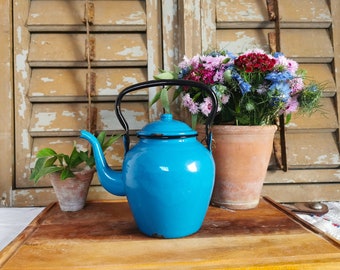 フランスアンティーク　ホーロー　手描きのティーポット フランスアンティークホーローティーポットコーヒーポット手書きレア