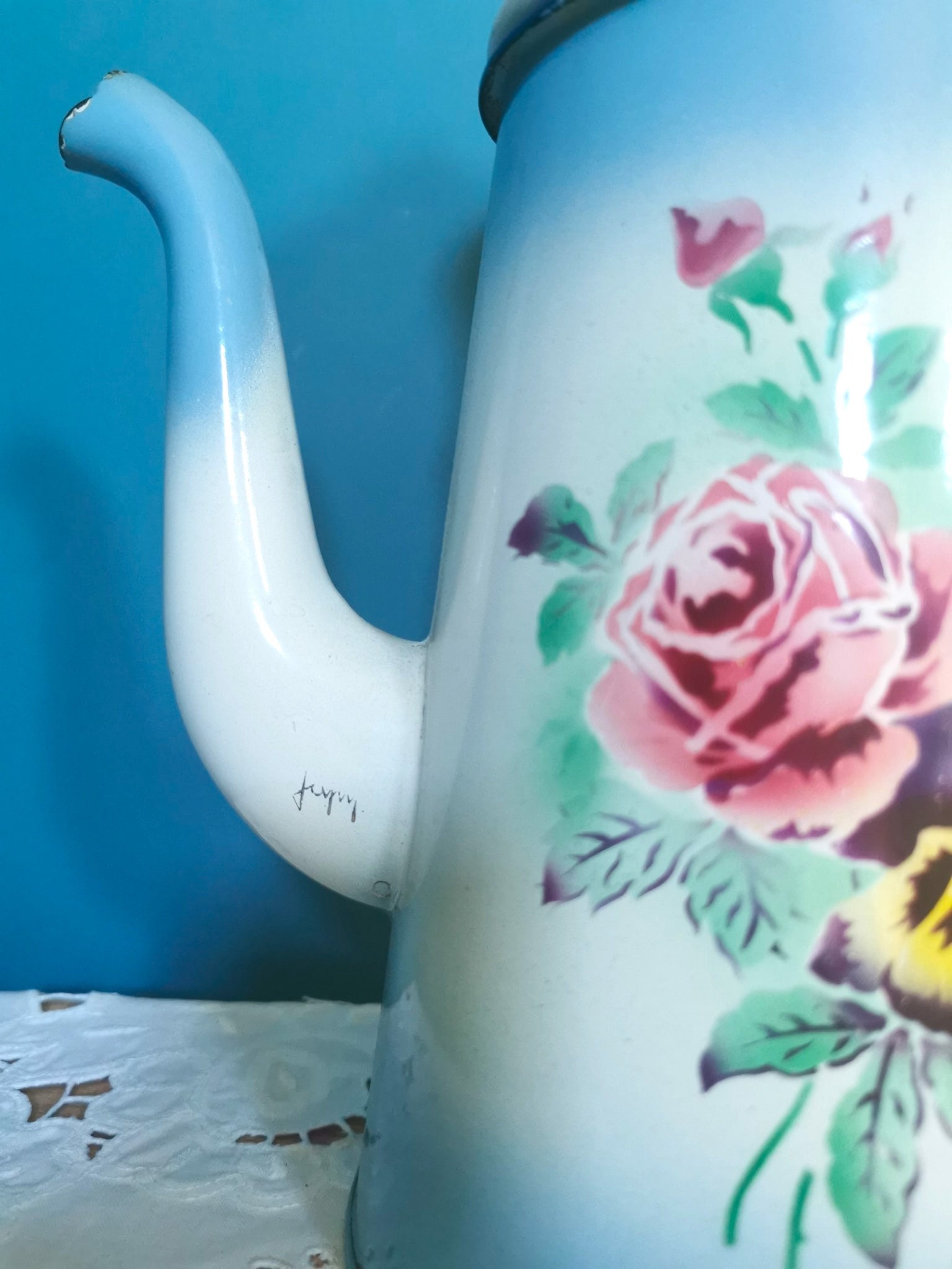 フレンチ　ポット　JAPY French Japy Floral Pansies / Vintage French Enamelware, JAPY