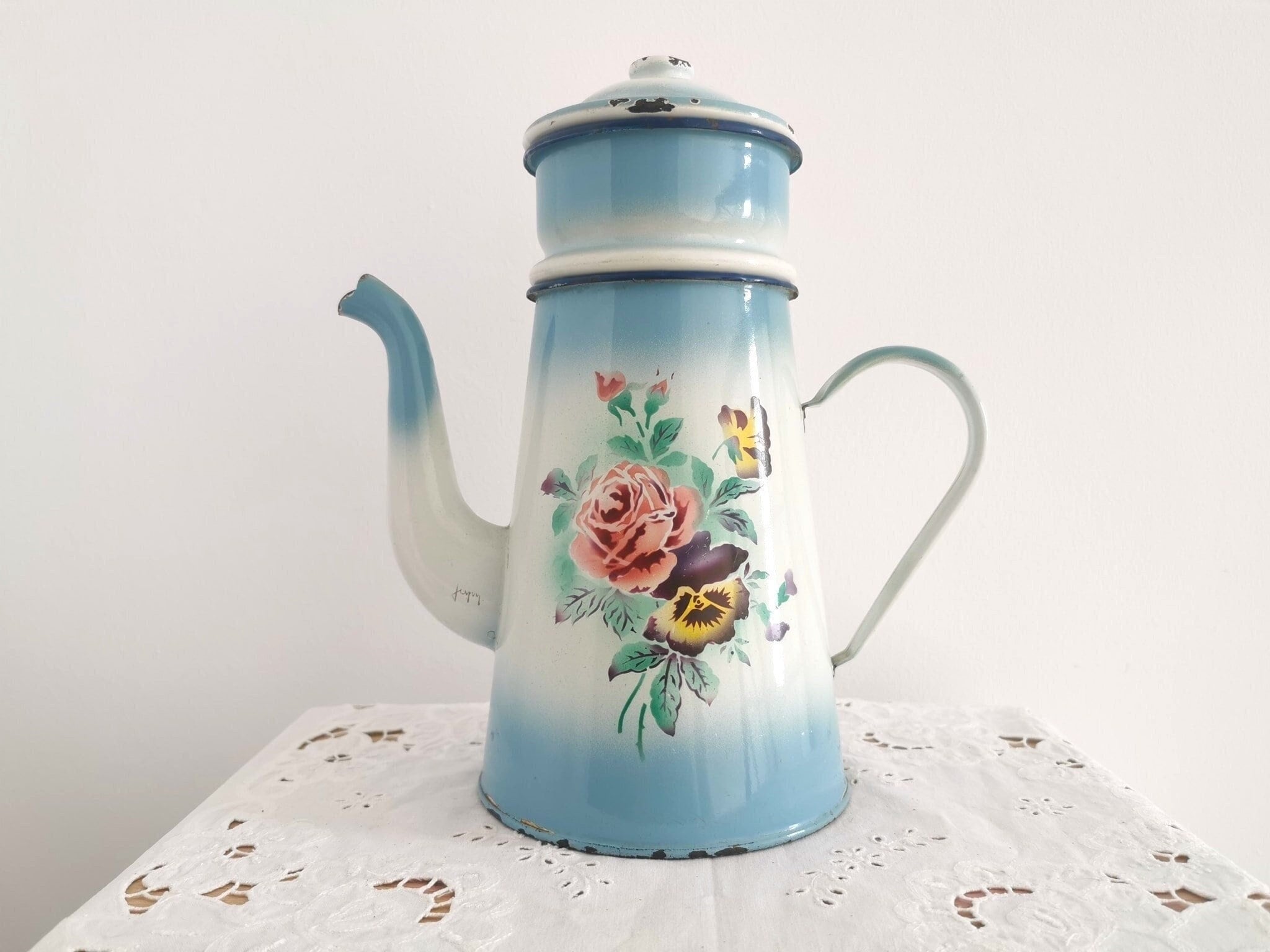フレンチ　ポット　JAPY French Japy Floral Pansies / Vintage French Enamelware, JAPY