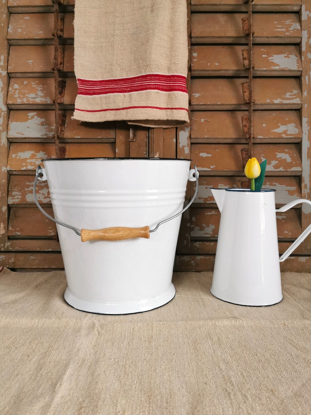 White Enamelled Bucket With Wooden Handle / Water / Milk Pail / Garden ...