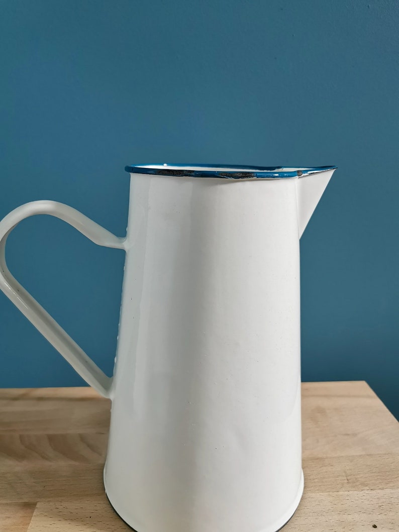 French Enamel White Pitcher With Blue Rim / Jug / Flower Vase /french Enamelware/enamelled Vase