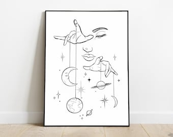 Minimalist Wall Decor, Stars Moon Planets, Printable Wall Art, Line Art Home Decor, Modern Wall Art, Line Drawing Print, Hands Face Portrait