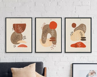Boho Set of 3 Prints, Mid Century Modern Wall Art Print Set of 3, Neutral Abstract Geometric Digital download Prints, Boho Minimal Gallery