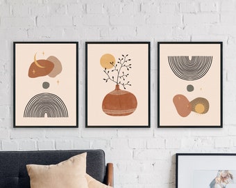 Boho Prints Set Of 3, Mid Century Modern Wall Art, Abstract Pottery Wall Print, Set of 3 Prints, Digital Downloadable, Celestial Line Art