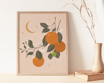 Vintage Clementine Wall Art, Orange Art Print, Citrus Art, Fruit Art Print, Boho Wall Art Decor, Celestial Printable Art, Tangerine Print