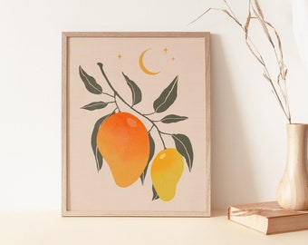 Vintage Mango Wall Art, Mango Art Print, Fruit Art Print, Boho Wall Art Decor, Celestial Printable Art, Mango Print Tropical Fruit,Botanical