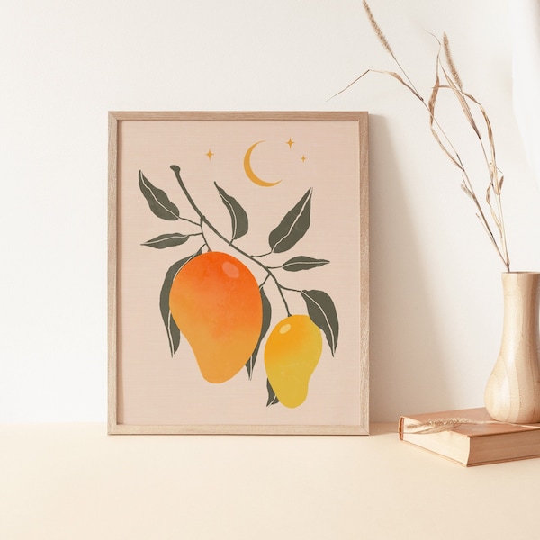 Vintage Mango Wall Art, Mango Art Print, Fruit Art Print, Boho Wall Art Decor, Celestial Printable Art, Mango Print Tropical Fruit,Botanical